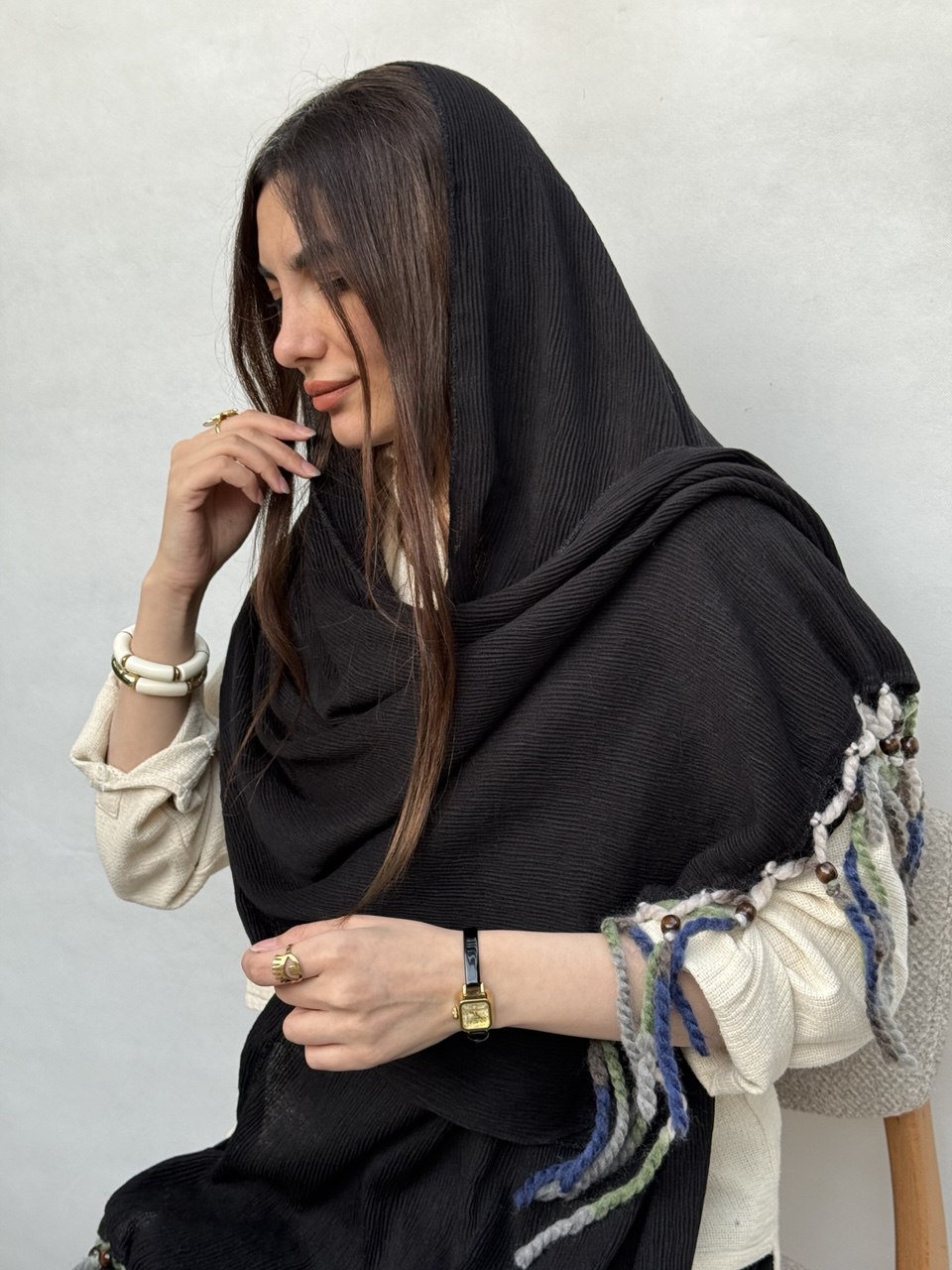 شال پلیسه آویز مهره